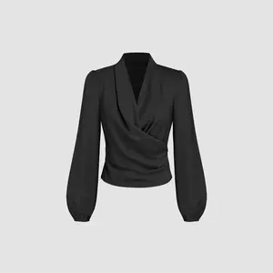 Cider [4 colors, size 0-26] Satin V-neck Wrap Zip Long Sleeve Blouse