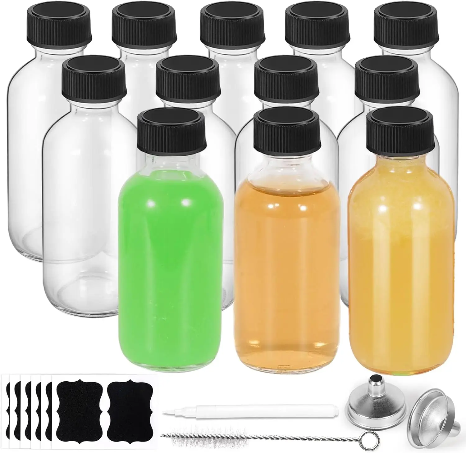 12-Pack Food-Grade Transparent 2oz Leakproof Stainless Steel Lid Glass Shot Refill Bottles - 60ml Decorative Boston Round Airtight Lidded Container Set with 2 Funnels, Brush, Chalk Marker, Labels for Ginger Extract Home Organizer Storage Cabinet