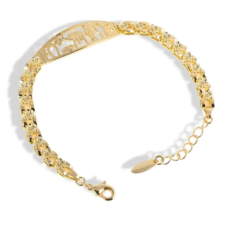 Brillo Eterno Women's ID Bracelet, 14kt Gold Plated with Floral Links and Cubic Zirconia, Adjustable Chain with Engraved Plate, Elegant, 2Cm, Engagement Gift Ideas, 7 Inches, Female