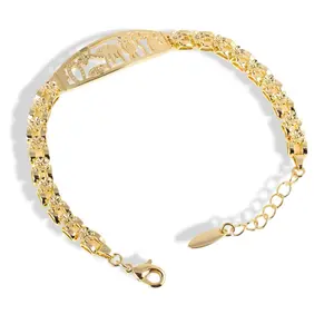 14K Gold Plated ID Bracelet with Floral Links 7" + 2cm Extension CZ Elegant Jewelry for Women Adjustable Fit Sparkling Stones