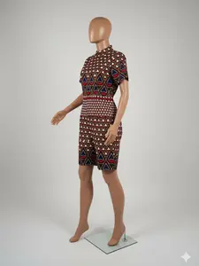 Heritage High-Neck Playsuit with Geometric Pattern and Short Sleeves for Women