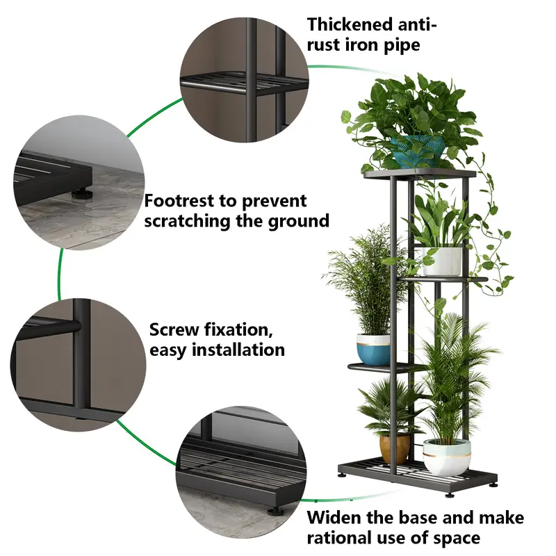 Linzinar 4-Tier Metal Grid Plant Stand - Antirust Spraying Heavy-Duty Iron, Wipe-Clean Smooth Shelves, Holds 5 Potted Plants, Indoor/Outdoor Balcony Bedroom Organizer Storage Rack (Garden Accessories, Trophies Compatible),home decor