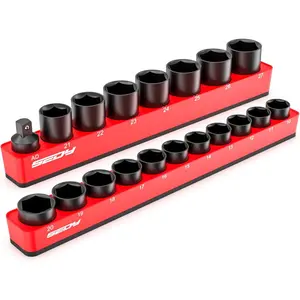 2-Piece 1/2"-Drive Metric Magnetic Socket Organizer Set (Holds 19 Sockets) - Detachable Tool Tray with 5mm Magnetic Base, Screw-Fixed Design & Heavy-Duty Modular Storage for Garage/Home Workshop