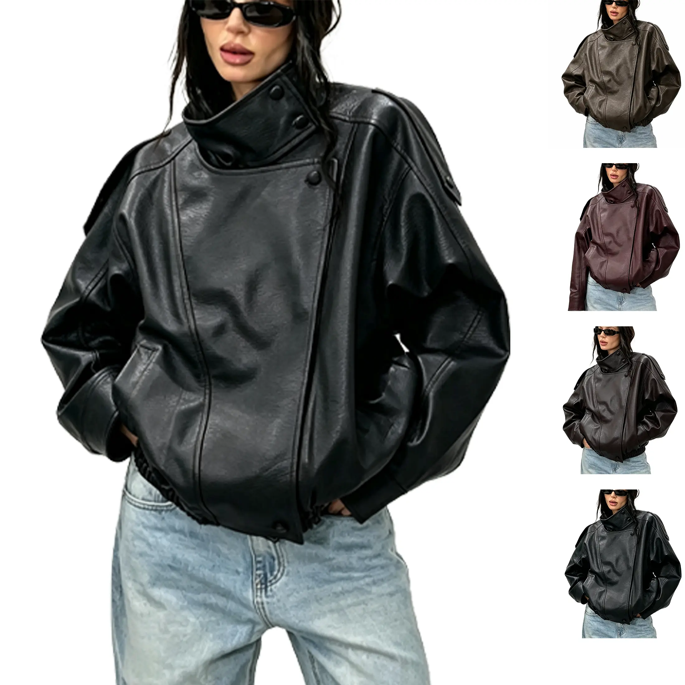 Buenoble Women Oversized Stand Collar Vegan Leather Bomber Jacket Diagonal Zip Moto Coat Elastic Hem Vintage 90s Streetwear Fall Jacket