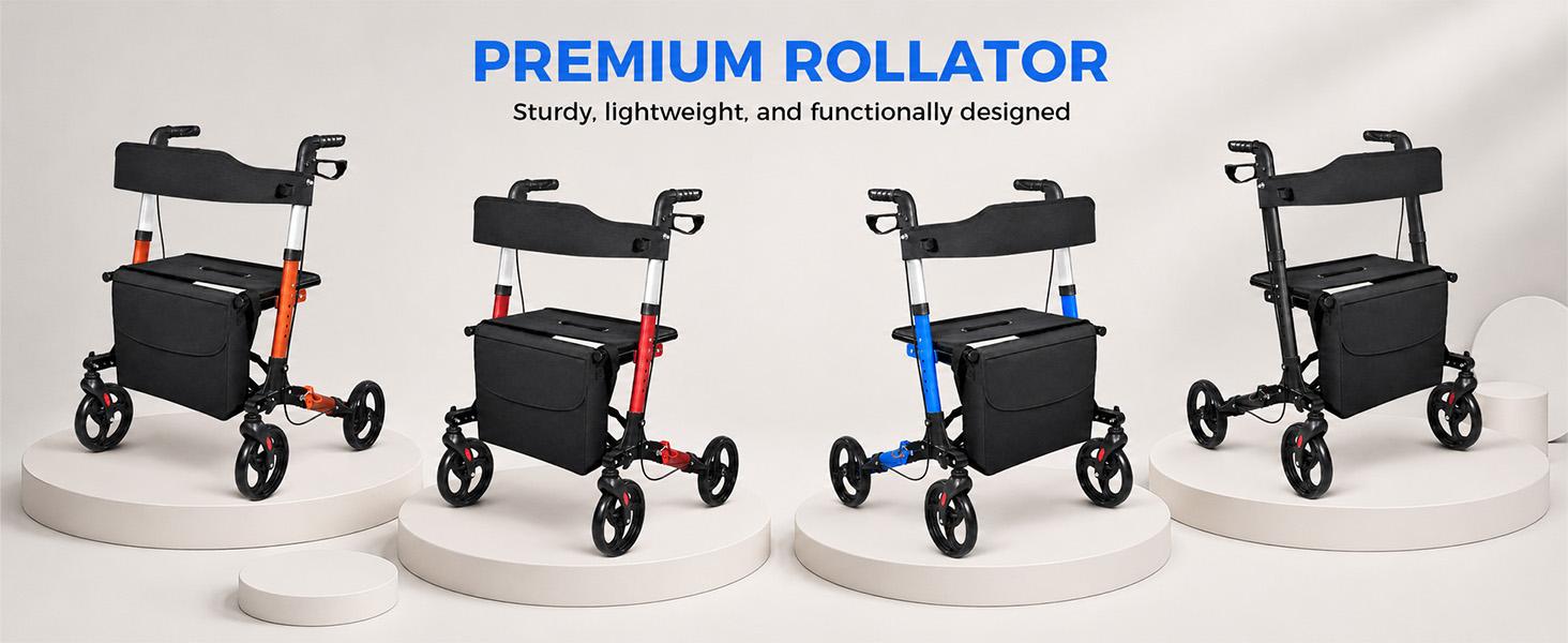 Foldable Rollator Walkers with Seat for Seniors, Big Wheels, 330 lb. Weight Capacity, Adjustable Handles and Seat Height, Lightweight Rolling Walker