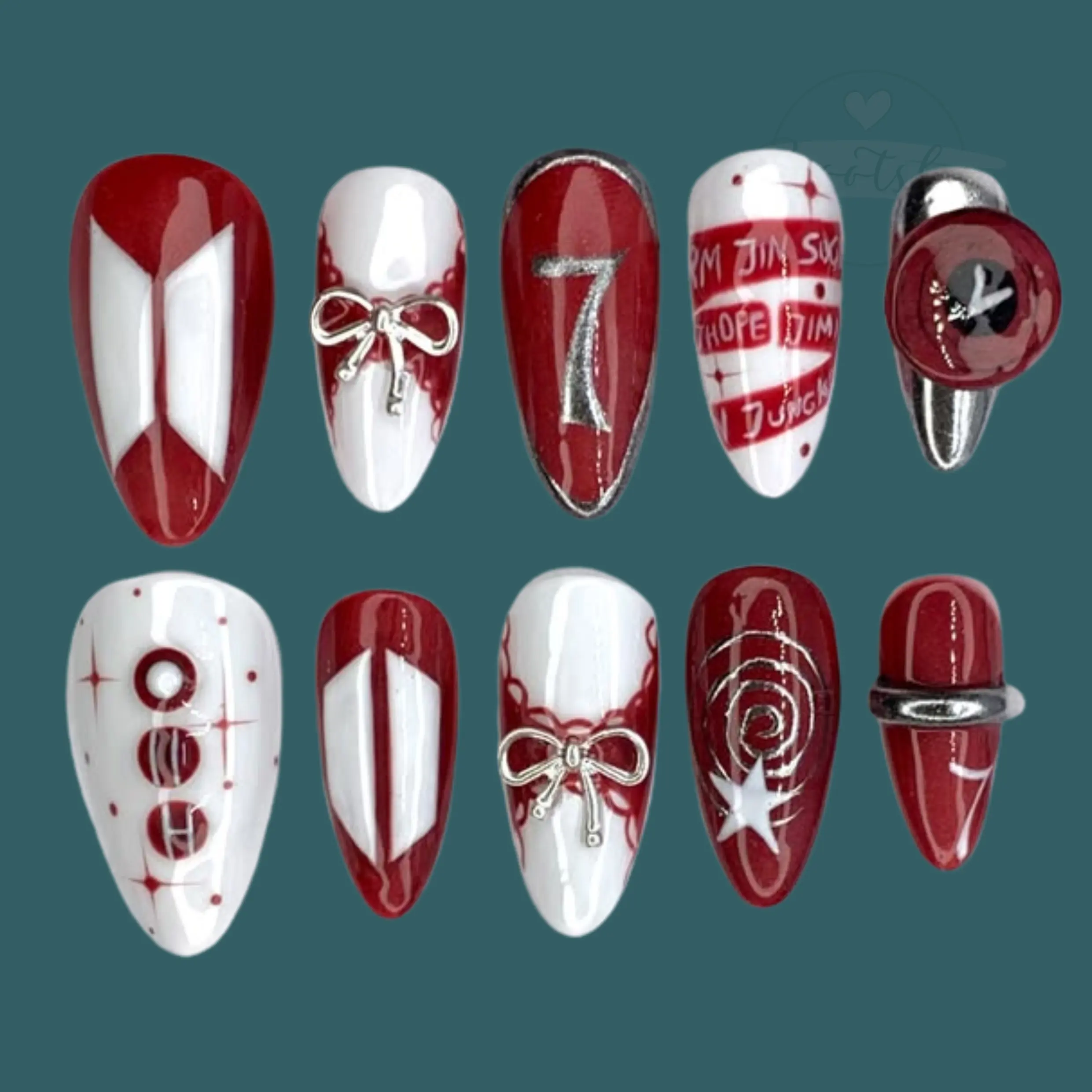 BTS Arirang Love Song Press On Nails | OT7 Red Black Chrome Nails | BTS Logo Concert Nails | Handmade Gel Nails | ARMY Fan Gift | Kpop Nails
