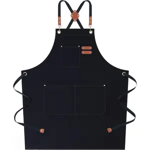 Chef Aprons for Women Men with Large Pockets, Cotton Canvas Cross Back Water Repellent Work Apron, Size M to XXL (Black) Lightweight Christmas Gift Set Stock Up Christmas Decorations