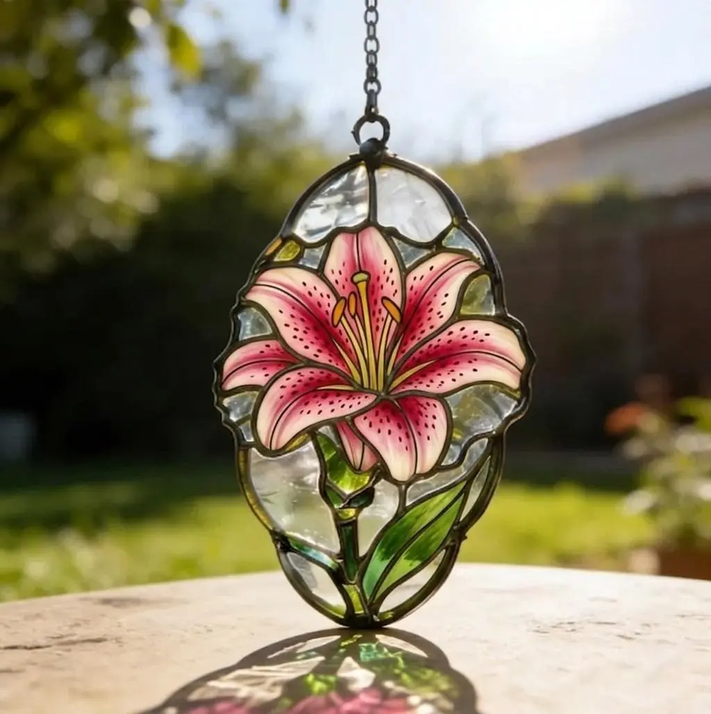 Cottagecore Stained Glass Suncatcher Handmade Pink Lily Flower Window Hanging Decor Crystal Colorful Light Catcher Ornament Garden Boho Mother's Day Gift