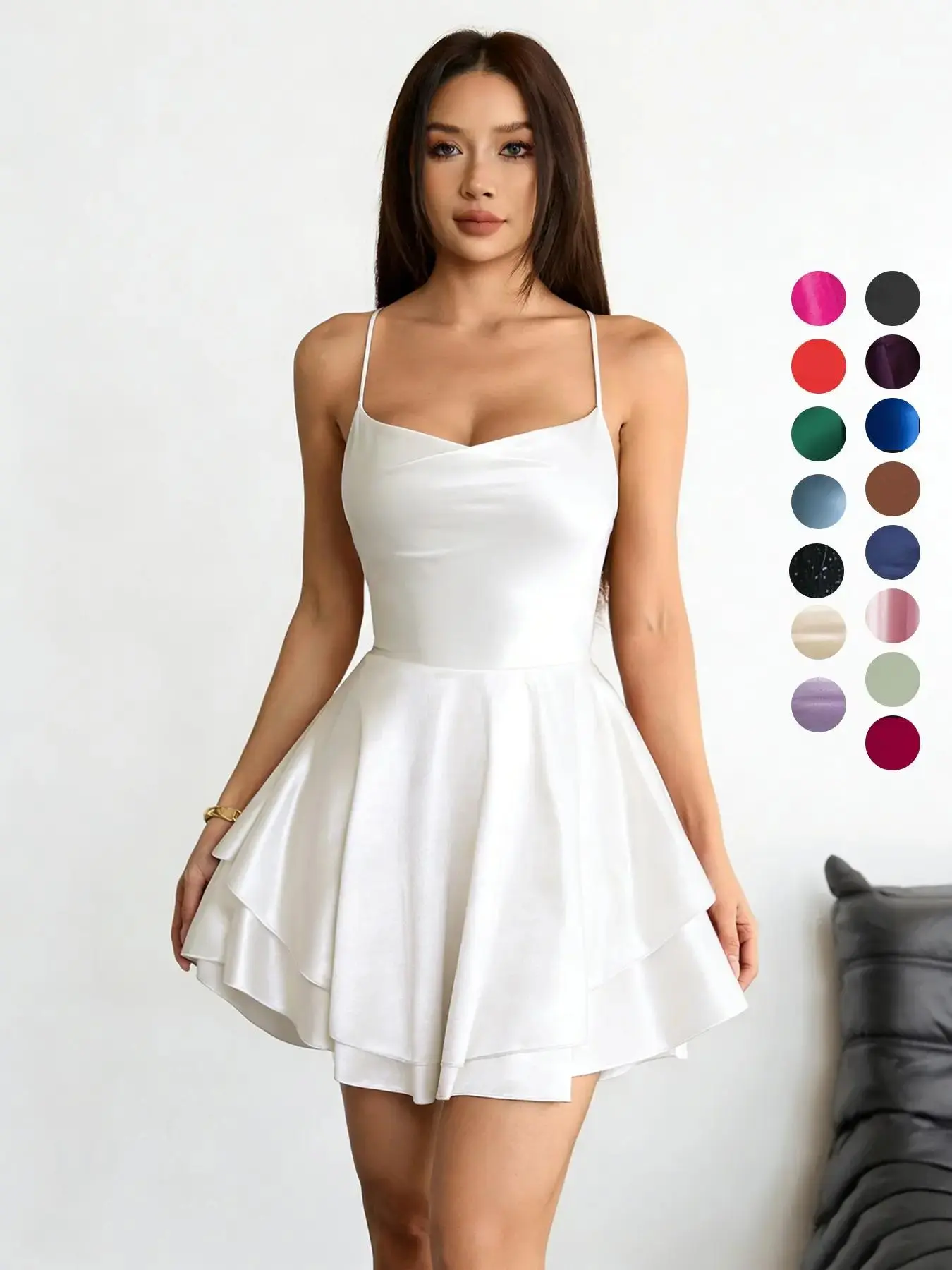 Women's Solid Lace Up Backless Satin Slinky Cami Sleeveless Spaghetti Strap Dress, Sexy Fashion Chic Criss Cross Tie Back Mini Dress for Party Club Dating Wear, Women Dress for Fall & Winter Womenswear