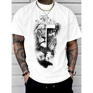 Men's Lion & Jesus Print Round Neck Tee, Regular Fit Casual Short Sleeve Crew Neck T-Shirt for Summer, Fashion Men's Top for Daily Wear, Tropical