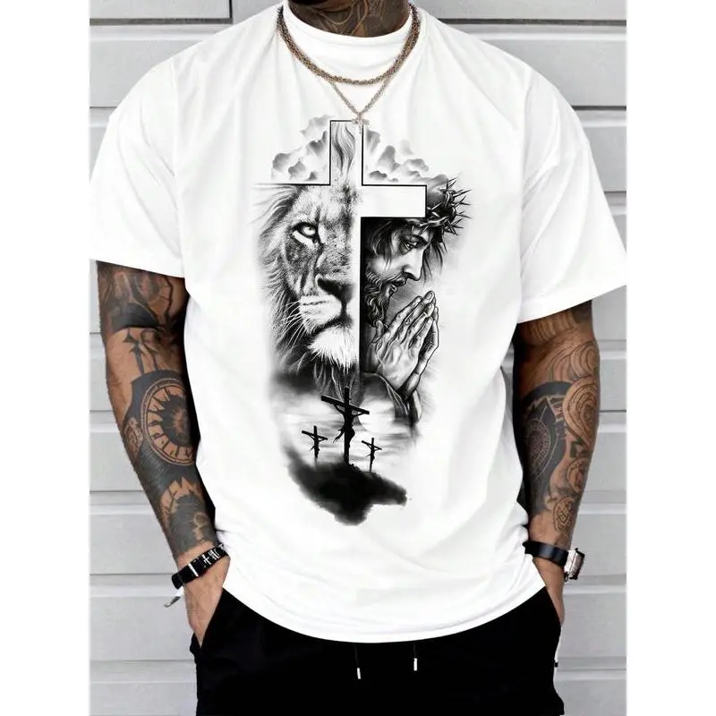 Men's Casual Short-Sleeve Christian T-Shirt - Menswear Top with Lion of Judah, Jesus Praying Hands, 3 Crosses Calvary Graphic, Black White Streetwear Religious Gift