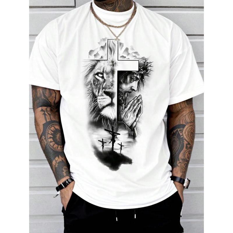 CustomTeek Studio Men's Lion & Jesus Graphic T-Shirt - Regular Fit, Round Neck, Shortsleeve Menswear for Summer Daily Wear (Sports & Outdoor Top)