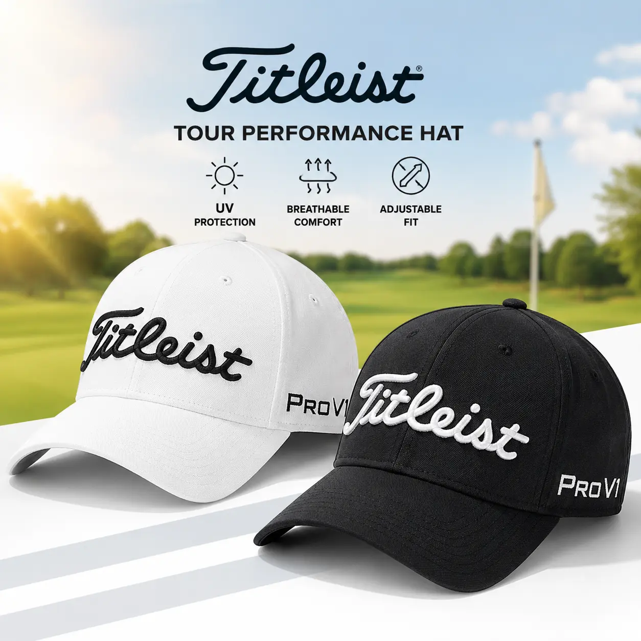 Titleist Tour Performance Golf Hat Black White Adjustable Golf Cap Lightweight Breathable UV Protection