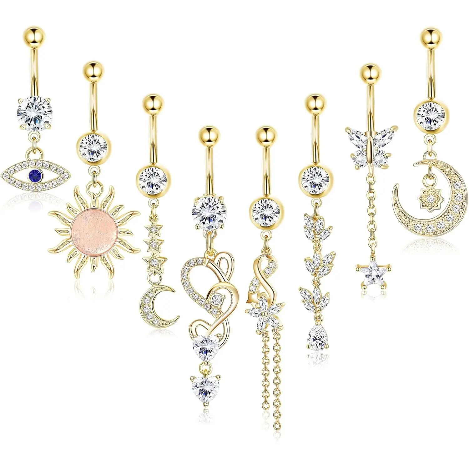 FUNRUN 8Pcs 14G Stainless Steel Dangle Belly Ring Set Evil Eye, Sun & Moon Celestial Navel Jewelry | Hypoallergenic Piercing Set | Summer Beach Essentials