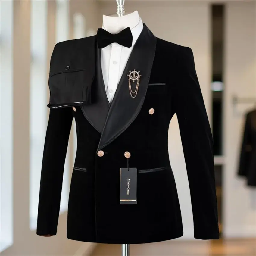Velvet Formal Men Suits for Prom Wedding Double Breasted Groom Tuxedo 2 Pieces Celebrity Suit Jacket with Pants Custom Made