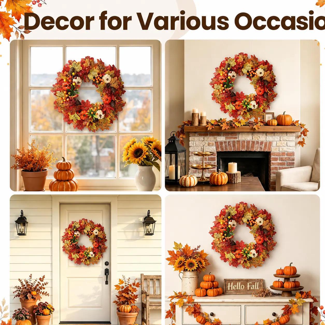 20-inch autumn wreath for the front door, harvest-themed wreath featuring pumpkins, maple leaves, pine cones, berries, and sunflowers; suitable for indoor/outdoor use—porch, walls, and windows—as a rustic Thanksgiving decoration, perfect for homes, farmho