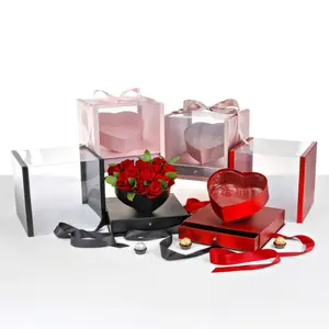 Large Luxury Square Flower/Gift Box with Heart Display and Surprise Drawer, Various Colors
