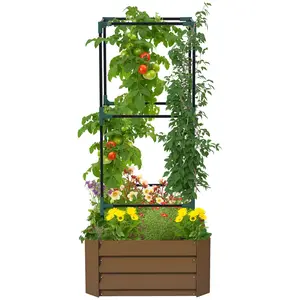 Galvanized Planter Box with Tomato Cage, 24" x 24" x 55" Tall Raised Garden Bed in Brown, Heavy Duty Metal Vegetable Planter for Backyard Patio or Greenhouse, Steel Grow Cage for Climbing Vines Tomatoes Cucumbers