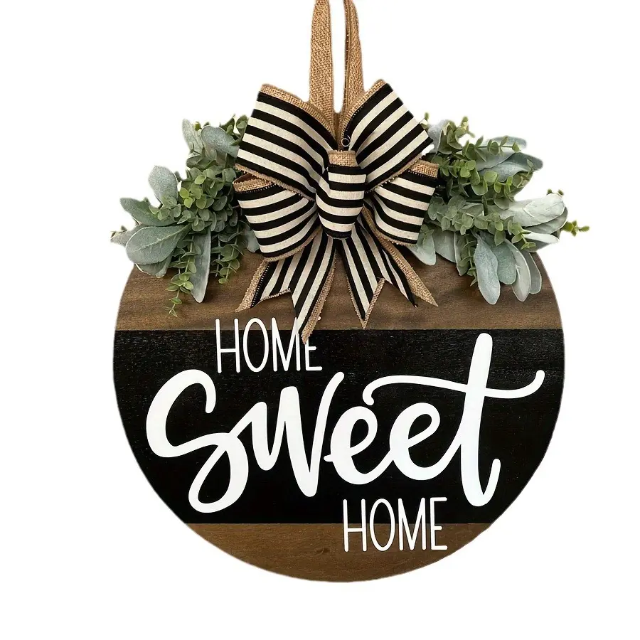 Wooden Alphabet Pattern Round Hanging Sign - Artificial Flower-Accented Home Decor Products, Black-and-White Welcome Sign for Front Door, Balcony & Modern Wall Alphabet Hanging Decor Decoration Signage, Hanging Plaque