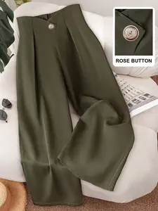 Women's Casual Business Straight Leg Pants, Pure Color Daily Wear & Office Formal Trousers, Comfortable Fit with Button Design