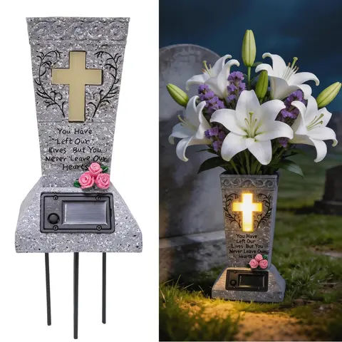 Solar Powered LED Decorative Vase with Drainage Hole - Handmade Elegant Cross Design, Gentle Night Glow, Holds Fresh Flowers, Outdoor Memorial Grave Decor, Home Decor for Memorial Day Floral Arrangements