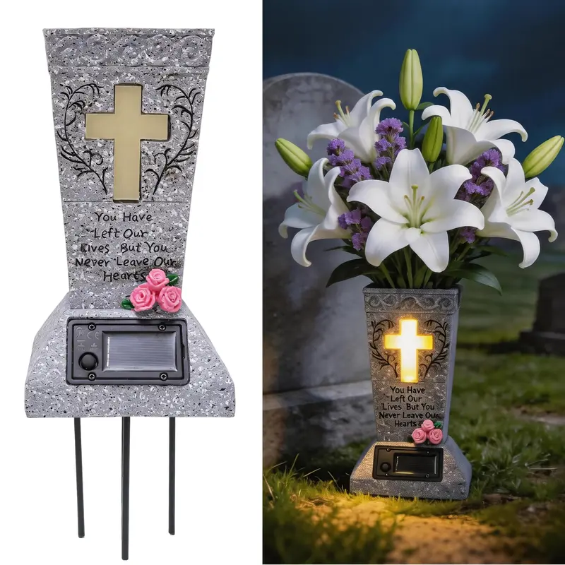 Solar Powered LED Decorative Vase with Drainage Hole - Handmade Elegant Cross Design, Gentle Night Glow, Holds Fresh Flowers, Outdoor Memorial Grave Decor, Home Decor for Memorial Day Floral Arrangements