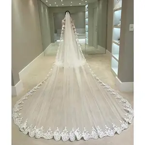 White Ivory 4 Meters Long Full Edge Lace Veil One Layer Tulle Bridal Veil with Comb Accessories Veu Velo Noiva