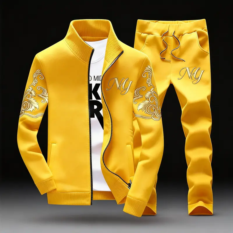 Men's 2-Piece Embroidered Athletic Clothing Set - Full-Zip Stand Collar Long Sleeve Jacket, Fitted Cut Half-Zip Accent, Men's Sweatpants for Daily Leisure & Gym Use, Cold Wash Compatible