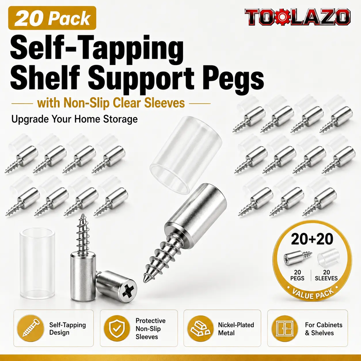 40-Pack Metal Self-Tapping Screw Shelf Support Pegs with Non-Slip Rubber Sleeves, Sturdy Installation-Friendly Cabinet Laminate Shelf Pins for Adjustable Wood Shelving in Kitchen Cabinets, Bookcases