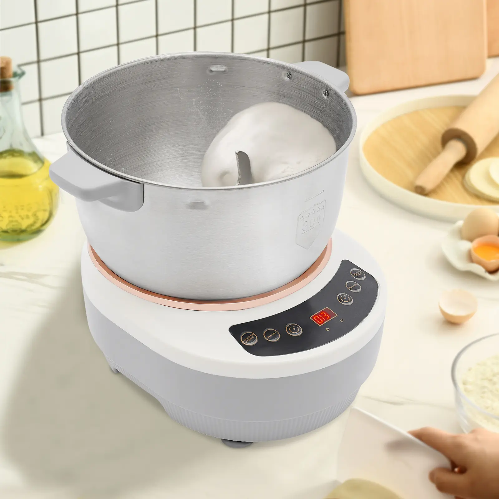 Dough Kneading Machine 5L 200W 110V, Automatic Bread Mixer with Digital Touch Screen for Home Bakery, Silver Stainless Steel