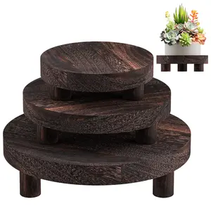 3 Pcs Wood Plant Stand Indoor Outdoor, Round Wood Riser for Decor 6/8/10" Wooden Stool Display Stand Flower Pot Holder (Rustic Brown) Organiser Racks