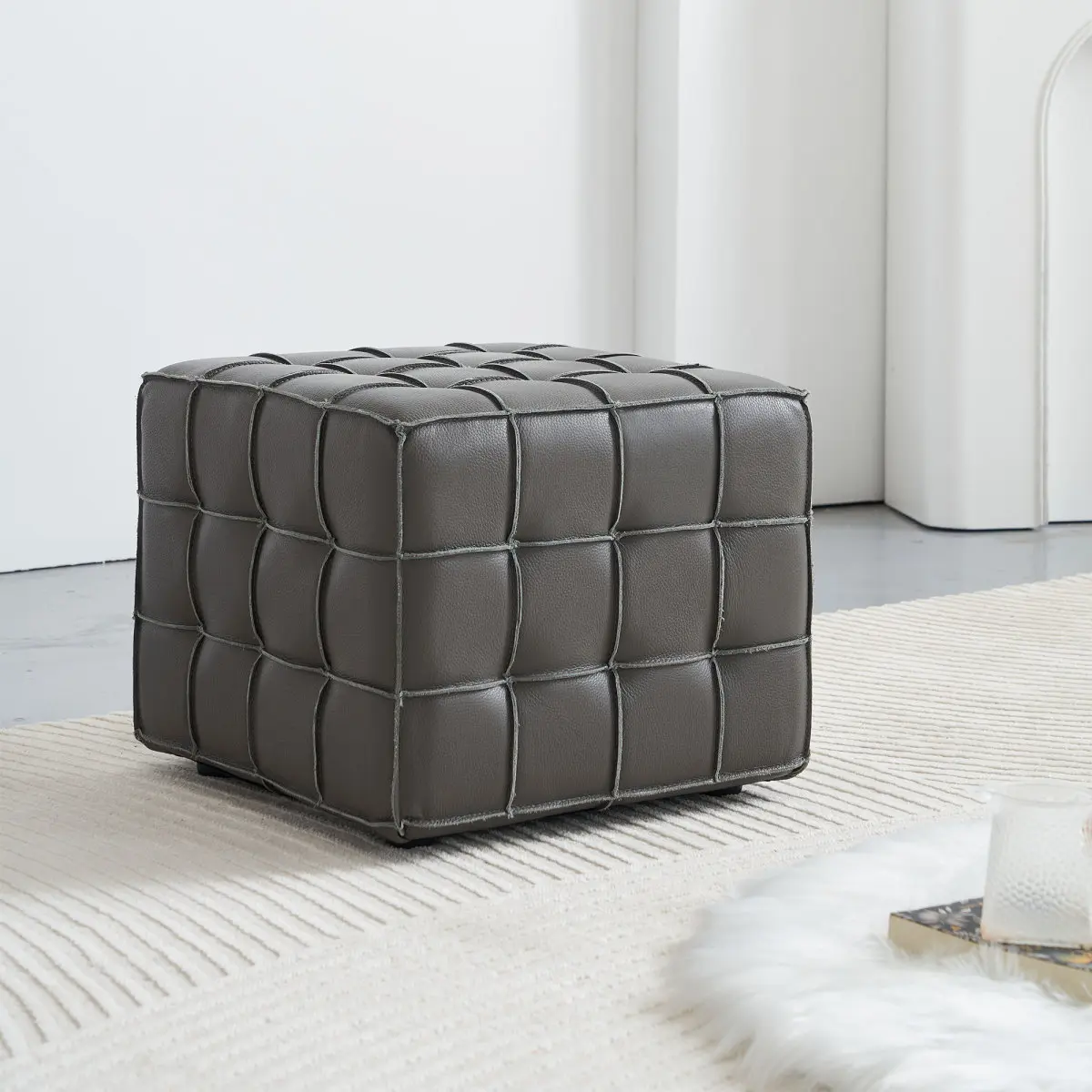 Genuine Leather Square Cube Footstool Ottoman (17.32"L * 17.32"W * 14.76"H) - Biscuit Tufted, Classic Button Tufted Craftsmanship, Elegant Design, Square Compact Design, Solid Wood Frame, High-Density Foam, Non-Slip Pads, Multi-Purpose for Home Living Roo