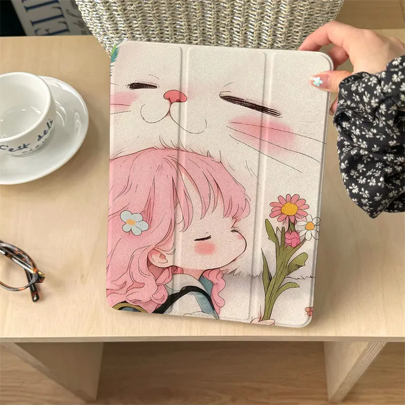 Cute cat girl pattern, with adjustable stand and pen slot, foldable non-slip TPU protective case, suitable for iPad mini, iPad Air, iPad Pro/iPad 10th generation, 11th generation and other series iPad protective cases
