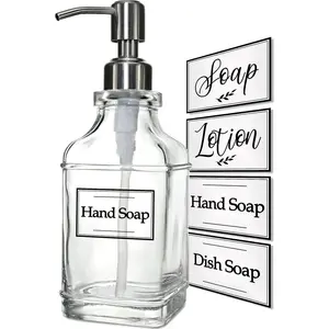 Antique Design Soap Dispenser with Rust Proof 304 Stainless Steel Pump, Refillable Glass Soap Dispenser with 10 count Clear Stickers,  Kitchen & Bathroom Soap Dispenser