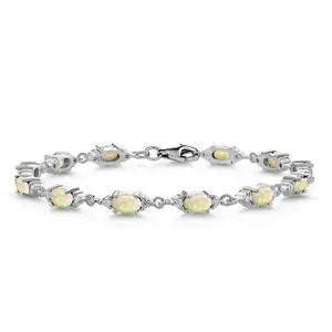 4.75 Cttw White Ethiopian Opal and White Moissanite Tennis Bracelet For Women | 925 Sterling Silver | Gemstone Birthstone | Oval/Cabochon 6X4MM | 6.5, 7, 7.5 Inch