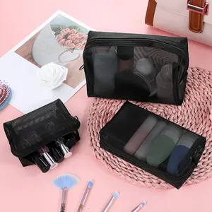 3-Pack Mesh Makeup Bags, Mesh Makeup Bags, Portable Toiletry Bags, Travel Organizer Zipper Bags, Toiletries Makeup Bags, Black Breathable Mesh, Suitable for Home Office Travel Accessories, Black