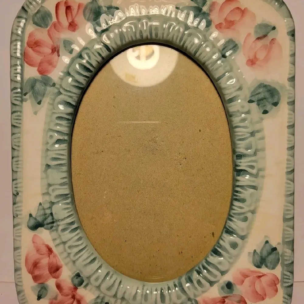 Ceramic Hand-Painted Photo Frame with Pink Roses, Artistic Home Decor for Room Display, Wall & Tabletop Use