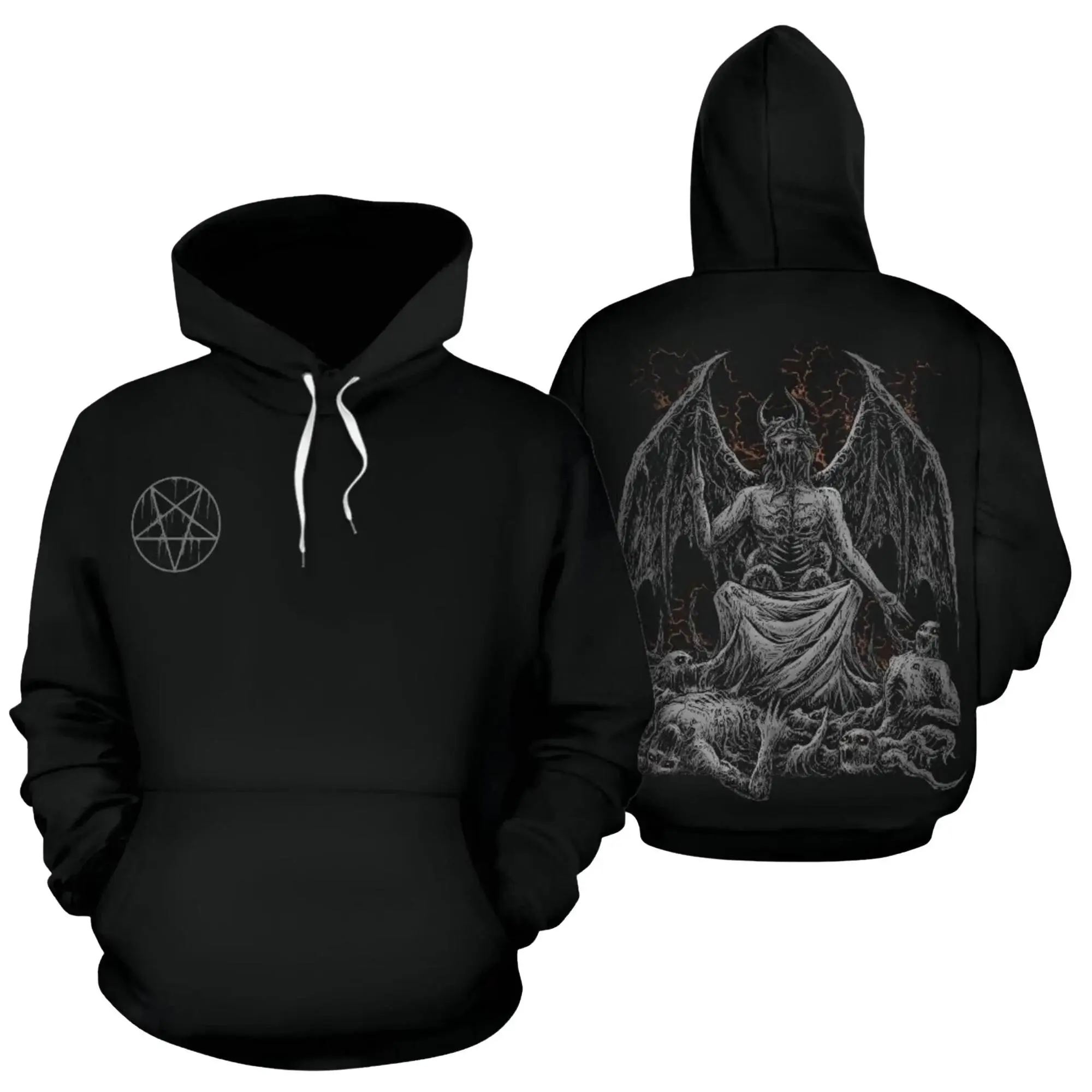 Y2K Black Gothic Demon Angel Hoodie, Skeleton Winged Devil Graphic Pullover, Gothic Metal Inspired Streetwear Sweatshirt, Dark Alternative Unisex Hoodie