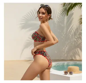 Women's Bikini Set Strapless - Scalloped Edge Swimsuit Leopard Print Cherry Red Two Piece Bathing Suit - Padded Push Up Halter Top & Tie Side Bottom - Summer Beach Pool