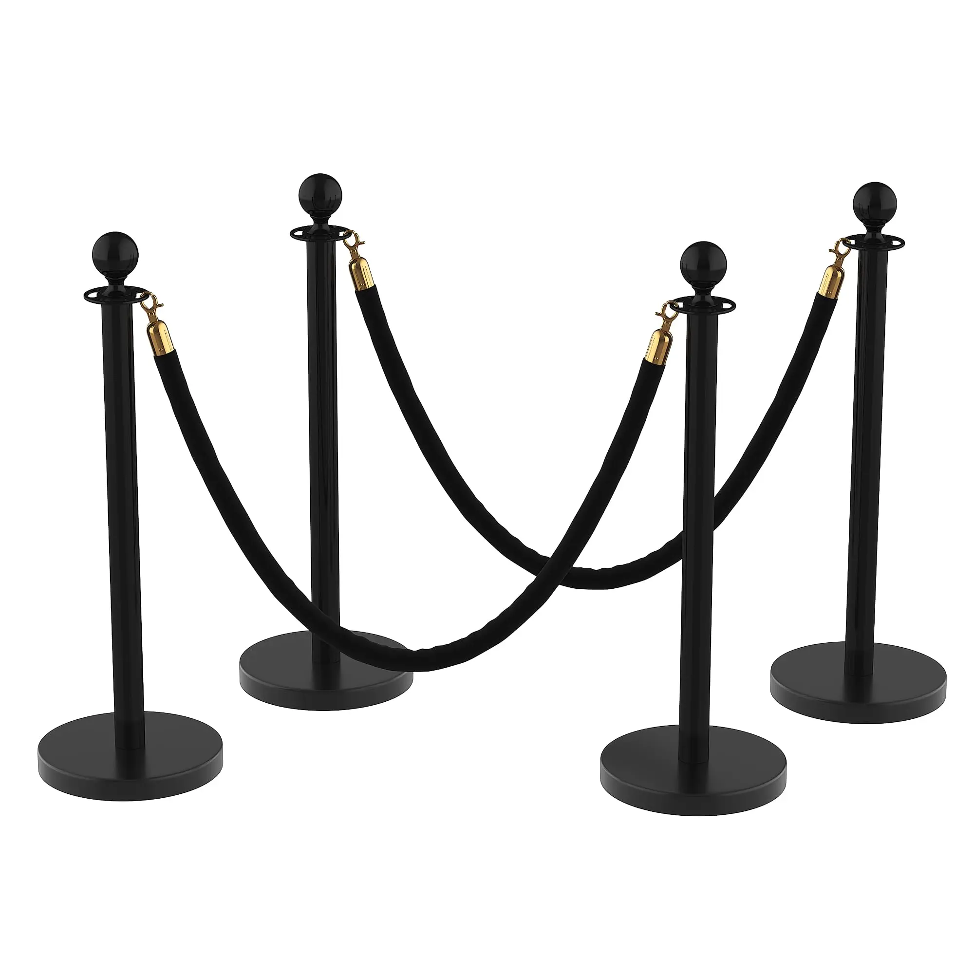Black Metal 4-Pcs Crowd Control Stanchion Set - Retractable Belts, Hollow Base, Velvet Ropes for Event, Occasion, Party Decoration Supplies