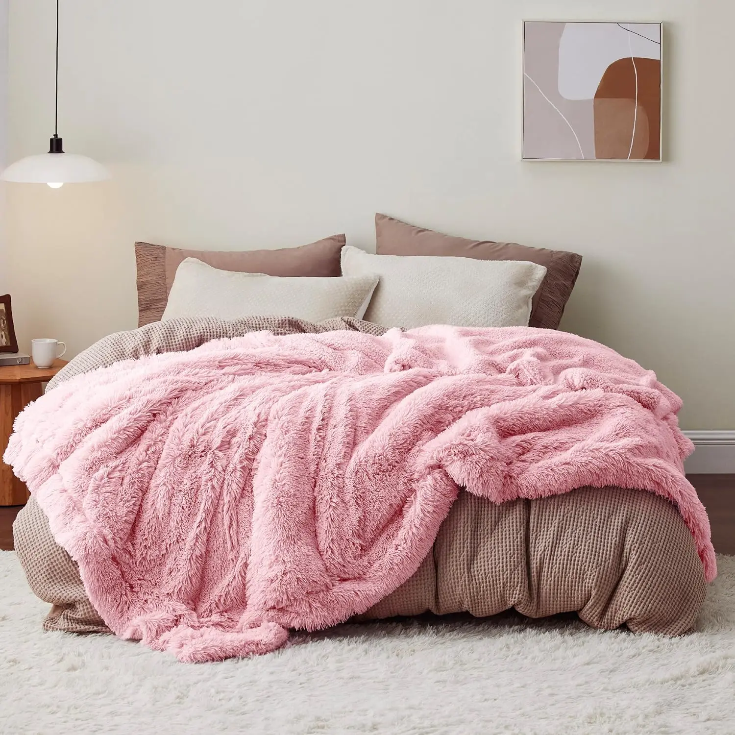 Fluffy Pink Sherpa Faux Fur Thick Winter Warm Oversize King Size Throw Blanket (108x90in) - Chlorine-Free, Safe Dyeing Process - Holiday Gift for Adults - Ideal for Father's Day, Birthday