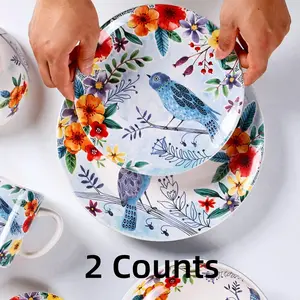 Bird & Flower Pattern Ceramic Plate, 2/4 Counts Exquisite Durable Ceramic Dinner Plate, Dishwasher Safe Dinnerware for Home Kitchen