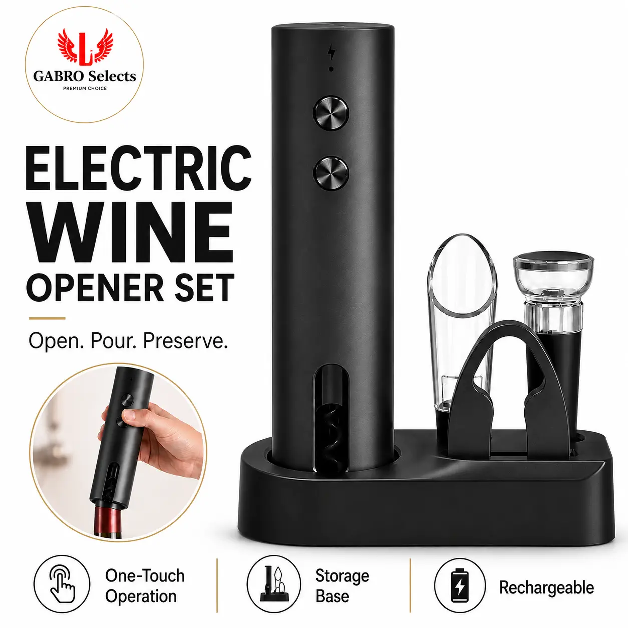 Rechargeable Electric Wine Bottle Opener - Automatic Stainless Steel Corkscrew with Built-in Lithium Battery, Foil Cutter, Opens 40+ Bottles Per Charge - Home Kitchen Wine Accessory Gift for Adults 18 Years and Above, All-In-1 Function Utensils