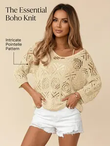 Women's Crochet Sweater Hollow Out Knit Pullover Lightweight Boho 3/4 Sleeve Loose Fit Off Shoulder Cover Up Top