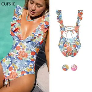 CUPSHE 【Valentine's Day】 Floral Plunging Flutter Strap Tummy Control One-Piece Swimwear Removable Soft Cups Back Cutout Summer Swimsuit (XS-XXL) Swimming Bathing Suits