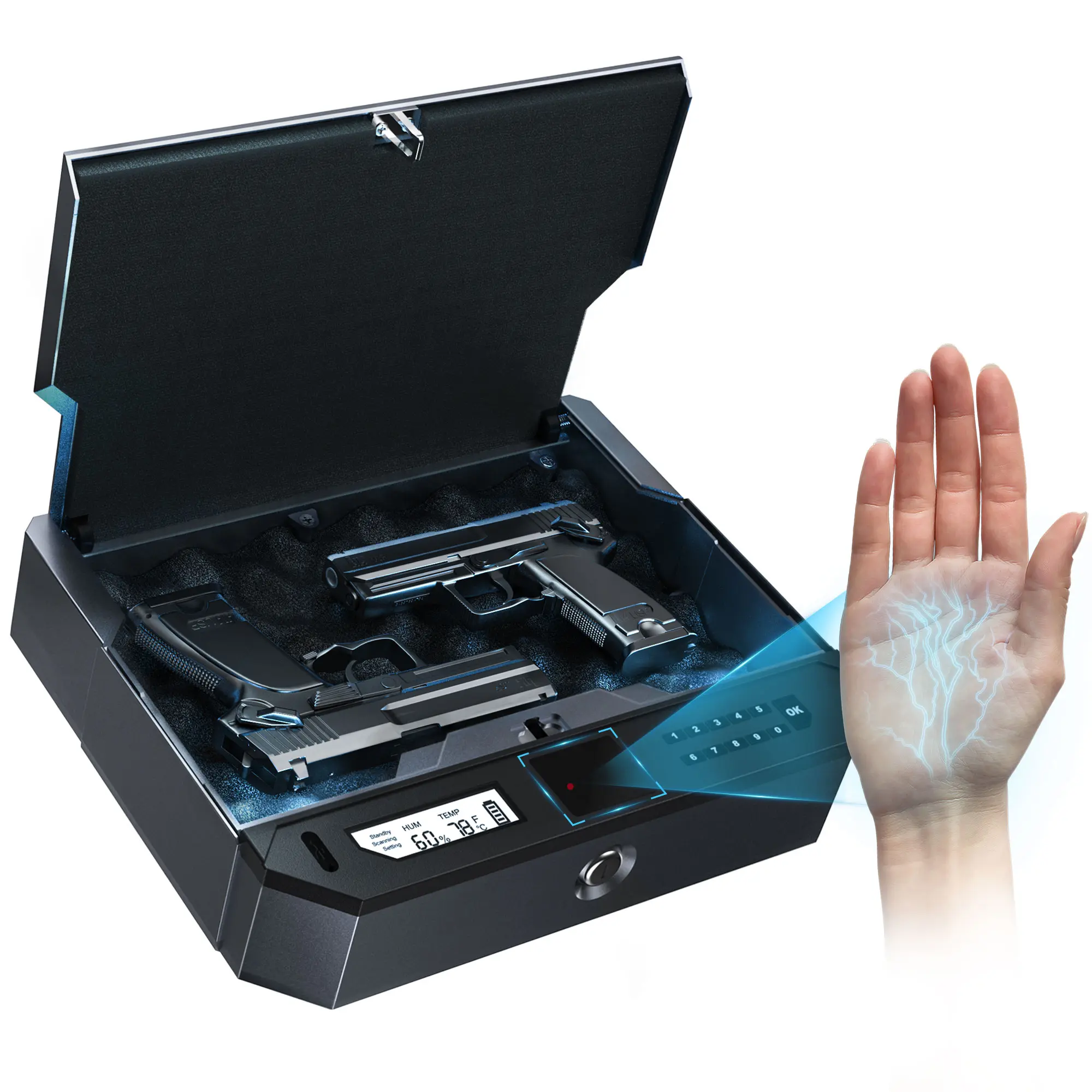 2026 TikTok New Smart Palm Vein Gun Safe with Auto-Eject Mechanism, Digital Display, Biometric Authentication, 3 Keys, PIN Code & Key Access for Home, Truck Use - Anti Theft Safes, Men's Birthday Gift