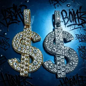 M2-5370 Iced Out Dollar Sign Pendant, Full Rhinestone Bling Money Symbol Charm, Hip‑Hop Streetwear Jewelry for Rapper Men Women
