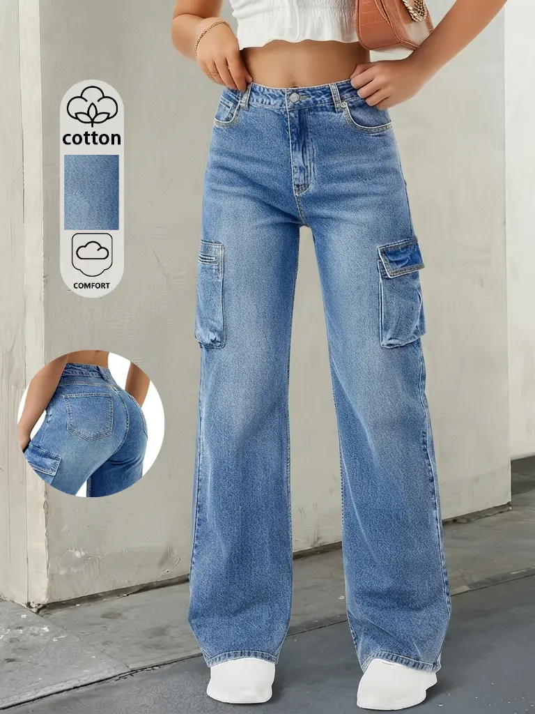 Denim cargo pants with pockets, trendy casual fit, comfortable and stylish, suitable for everyday wear, daily outings, and outdoor activities. Trouser Jean
