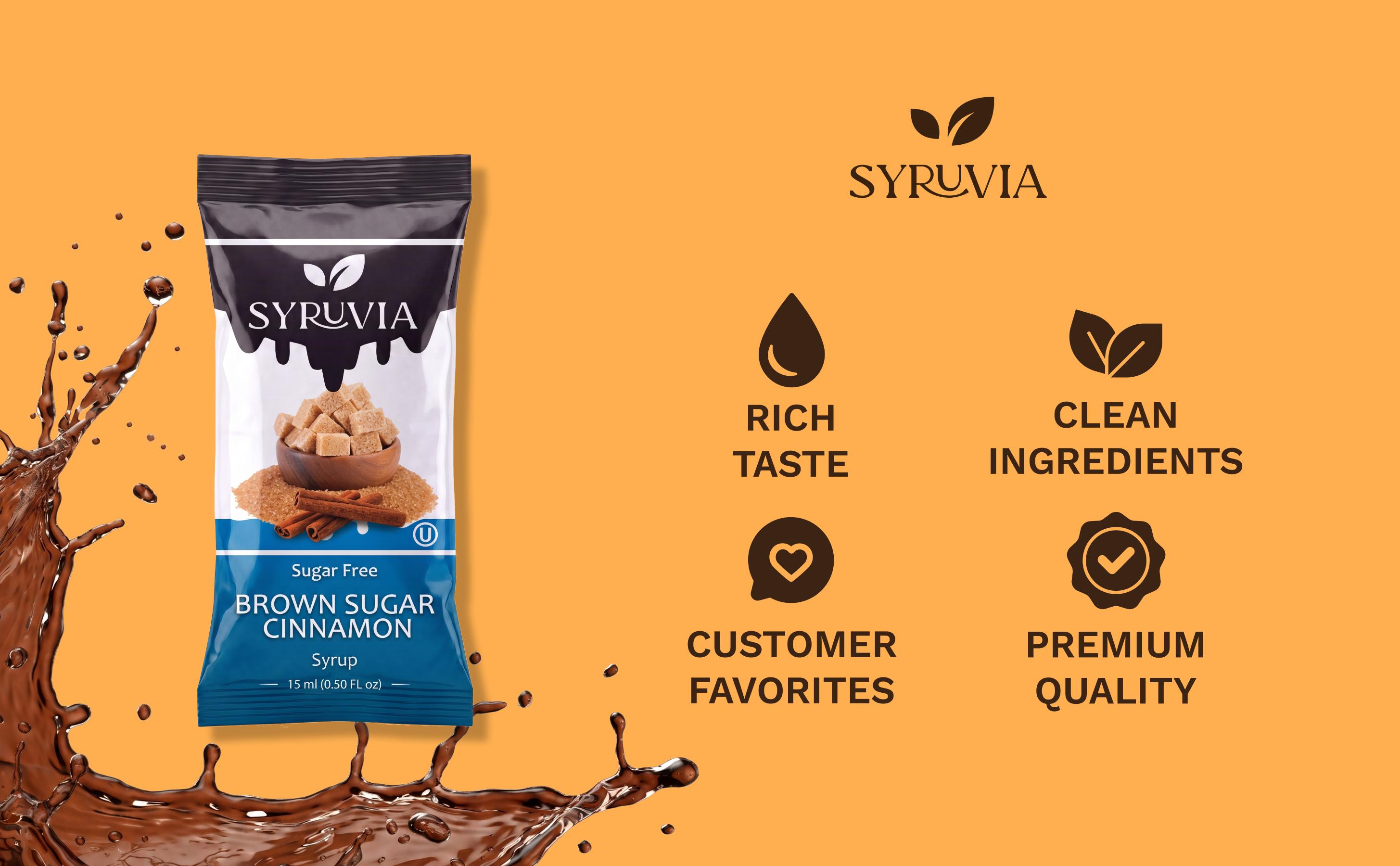 Syruvia Sugar Free Brown Sugar Cinnamon Syrup Pouch Packs, Gluten Free Kosher Safe Room Temp Coffee Syrup Sticks for Coffee, Lattes, 30 Count (15 mL Each) Syruvia Sugar Free Brown Sugar Cinnamon Syrup Pouch Packs, Gluten Free Kosher Safe Room Temp Coffee Syrup Sticks for Coffee, Lattes, 30 Count (15 mL Each)