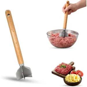 Stainless Steel Meat Chopper with Wooden Handle, Heavy Duty 6-Blade Ground Beef & Potato Masher, Heat Resistant Kitchen Tool for Nonstick Cookware